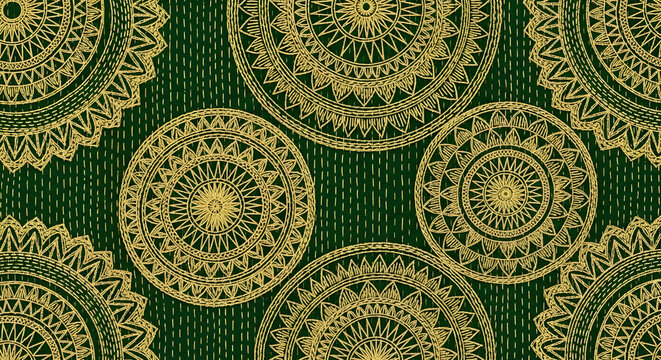 Illustration of intricate gold mandala patterns on a textured dark green background, creating a luxurious and ornamental seamless textile design - Powered by Adobe
