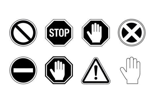 Eight diverse prohibition and warning signs isolated on a transparent background