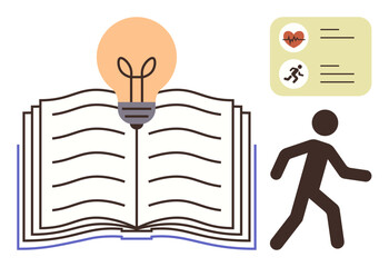 Open book paired with a glowing lightbulb symbolizes learning, fitness metrics suggest health awareness, and running figure expresses activity and motivation. Ideal for education, wellness, fitness