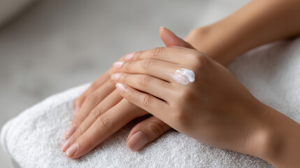 Naklejka premium Hands applying moisturizing cream, showcasing self-care and hand therapy. Ideal for beauty and skincare concepts.