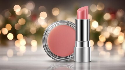 Cosmetic products including lipstick and blush. Perfect for beauty advertising and self-care themes.