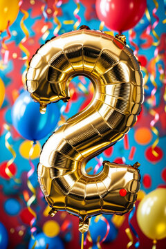Birthday balloon shape number two, golden letter figure 2 on celebration background AI Generative