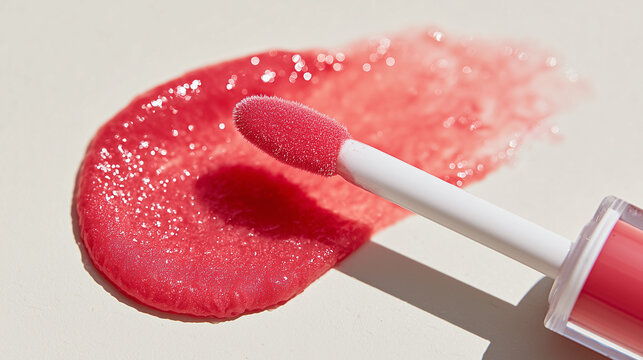 Close-up of a lip gloss applicator with bright pink product, highlighting beauty and self-care. Ideal for makeup advertising and cosmetic promotions. - Powered by Adobe