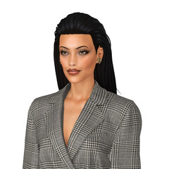 A beautiful young woman with posh long black hair wearing a business suit, isolated portrait
