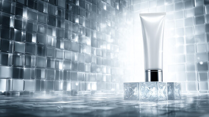 Minimalist image of a hand cream tube on ice cubes, reflecting self-care and skincare themes, perfect for wellness and beauty advertising.