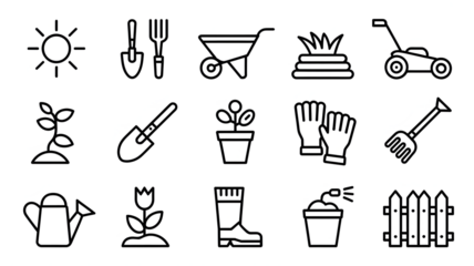 Garden tools and plants line icons isolated on a transparent background