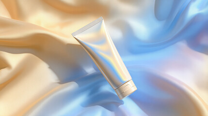 Stylish hand cream tube on soft fabric background, perfect for skincare advertising and wellness themes.