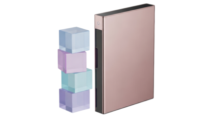 Isolated external portable hard drive and a tower of translucent cubes for backup data storage