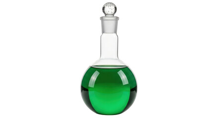 Isolated Erlenmeyer flask with green liquid, stopper and round bottom, lab equipment