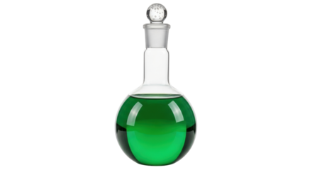 Isolated Erlenmeyer flask with green liquid, stopper and round bottom, lab equipment
