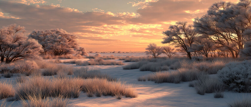 Snowman in hyperreal snowy field under glowing orange sky with crisp shadows and detailed textures