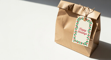 Brown gift bag with "Merry Holidays" tag in bright sunlight
