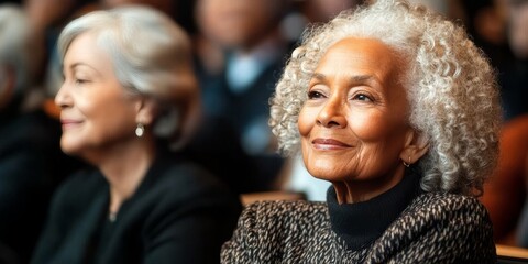 Elegant and Serene Older Patrons Engaged in a Symposium Lecture with Warm Lighting and Lovely Design