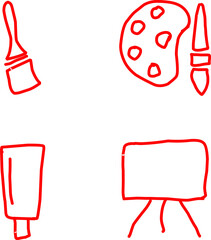 Four red icons: wide brush, thin brush, paint bucket, and paint splash. Focus on painting and color application tools.