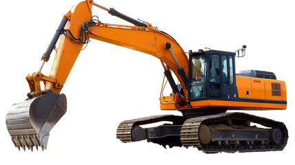 A bright orange excavator is actively digging on a construction site, showcasing heavy machinery in action.