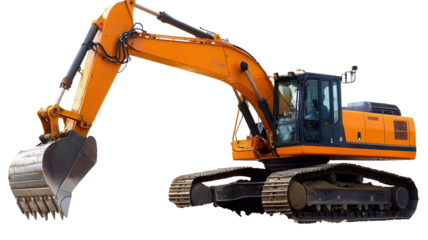 A bright orange excavator is actively digging on a construction site, showcasing heavy machinery in action.