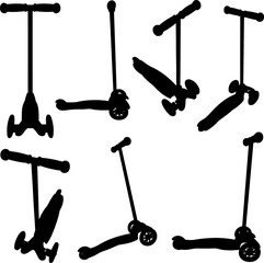 Collection of scooters for kids in different positions isolated on white background