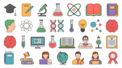 Science and Education Icons Collection isolated on a transparent background