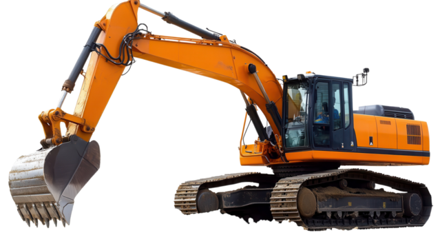 A bright orange excavator is actively digging on a construction site, showcasing heavy machinery in action.