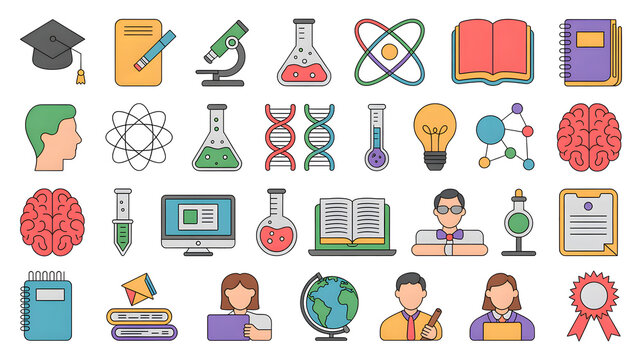 Science and Education Icons Collection isolated on a transparent background