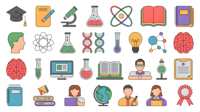 Science and Education Icons Collection isolated on a transparent background