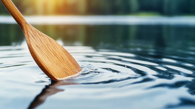 Wooden paddle slicing through water at sunset on a calm lake - Powered by Adobe