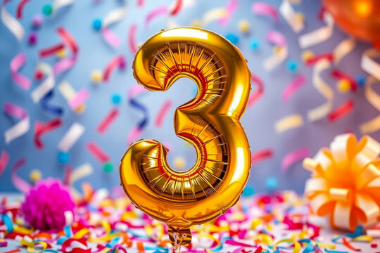 Birthday balloon shape number three, golden letter figure 3 on celebration background AI Generative