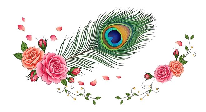 Elegant watercolor illustration of a vibrant peacock feather surrounded by pink and orange rose blossoms and falling petals, isolated on white background - Powered by Adobe