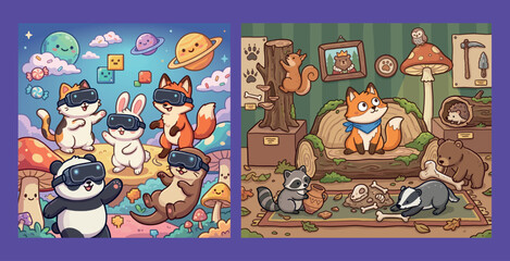 Cute Kawaii Animals in VR and Museum Scene. Chibi Mascot Gaming and Archeology.