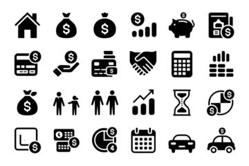 Black finance and business icons isolated on a transparent background