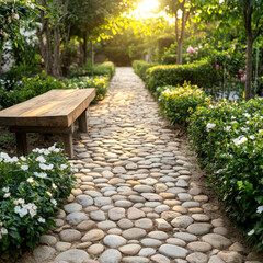 Pebble path winding through landscaped garden with sunlight at sunset  