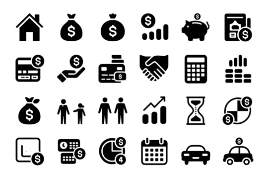 Black finance and business icons isolated on a transparent background