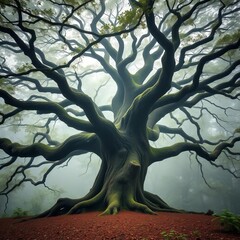 Naklejka premium Ancient oak tree with sprawling branches in a misty forest, evoking wisdom, longevity, and mystery, tree, nature