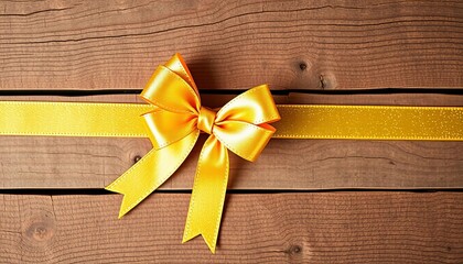 A shimmering gold ribbon, curled and tied in a festive bow, on a rustic wooden background,  texture,  loop