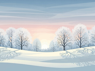 Winter Landscape with Snow-Covered Trees and Rolling Hills.