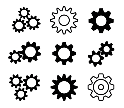 Black gears collection isolated on a transparent background