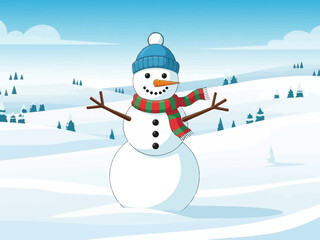 Fototapeta premium A cheerful snowman wearing a blue hat and scarf.