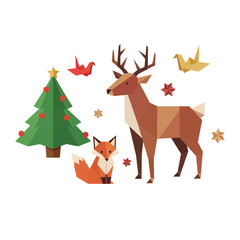 Geometric Christmas Animals and Tree – Low Poly Style Deer, Fox, and Origami Birds Vector