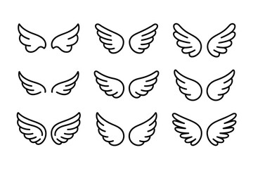 Fototapeta premium Collection of nine black line art wings isolated on a transparent background