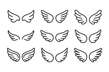 Collection of nine black line art wings isolated on a transparent background