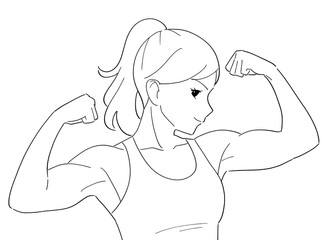 筋肉ムキムキの女性　白黒イラスト