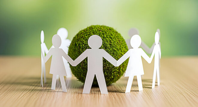 Paper people holding hands around green globe for ecology and environment concept image stock photo - Powered by Adobe
