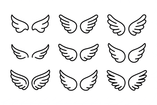 Collection of nine black line art wings isolated on a transparent background - Powered by Adobe