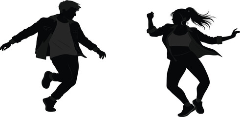 Black silhouette of a man and woman dancing energetically on a white background couple