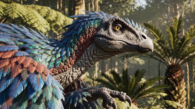 Close Up of Beautiful Feathered Dinosaur in the Jungle