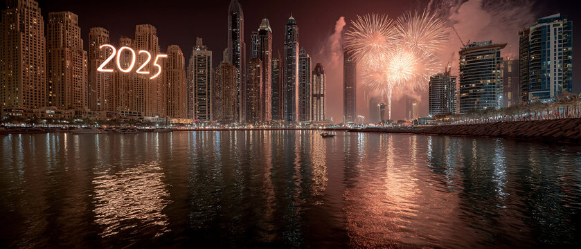 Vibrant city skyline on New Year's Day with fireworks, glowing 2025 numbers, and deep reflections creating an ultra-detailed night atmosphere