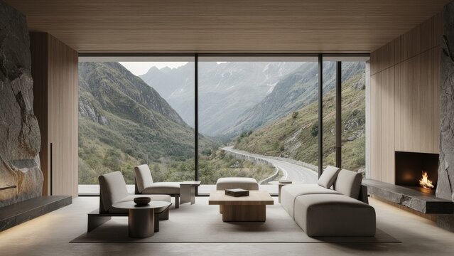 Modern retreat overlooks majestic mountains and winding road, blending nature with minimalist design