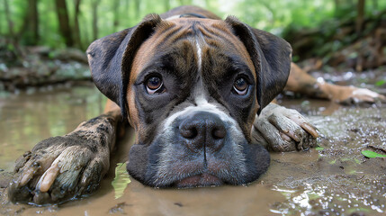 Fototapeta premium A playful boxer dog covered in mud on a sunny summer day