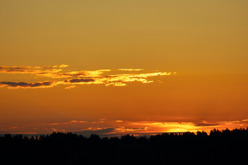 A beautiful golden sun rising over the lake in summer morning. Colorful seasonal scenery of Latvia, Europe.