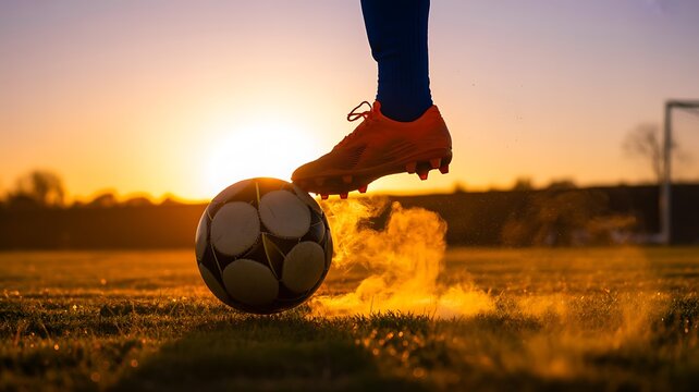 Soccer player stepping on ball at sunset on outdoor field
 - Powered by Adobe